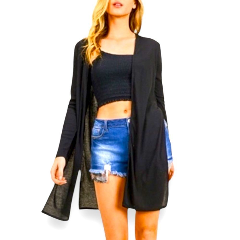 Black Open Front Side Split Mid Length Rib Knit C… - image 1